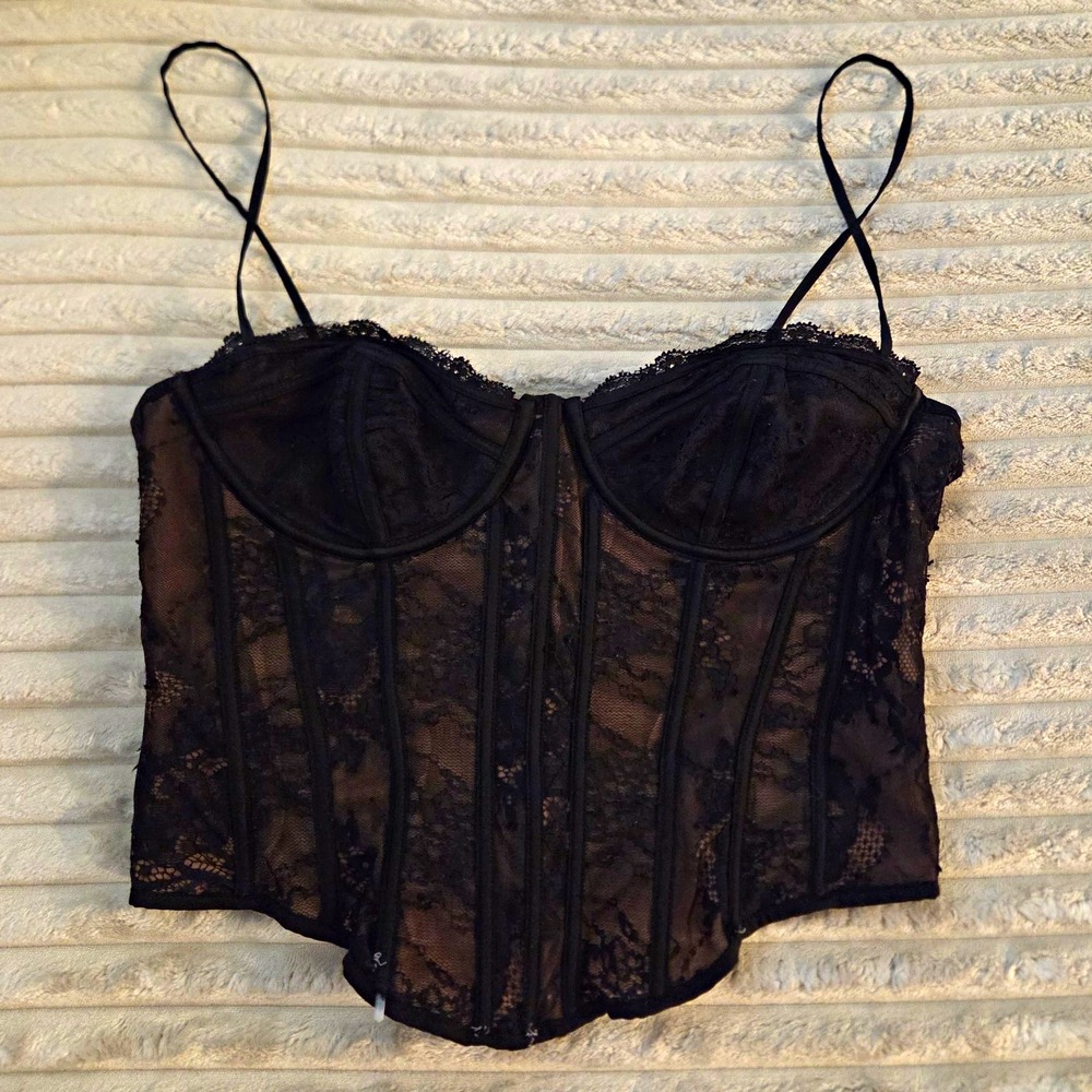 House of CB Black Lace Corset Bustier Top Size L Large Regular Cup A-C Boned